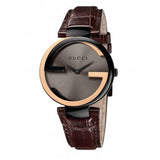 Gucci Interlocking G 18K Gold Black Dial Brown Leather Strap Watch For Women - YA133304