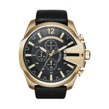 Diesel Mega Chief Gold & Black Dial Black Leather Strap Watch For Men - DZ4344