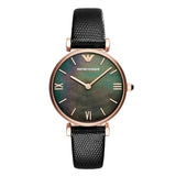 Emporio Armani Gianni T Bar Black Mother of Pearl Dial Black Leather Strap Watch For Women - AR11060