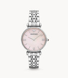 Emporio Armani Gianni T Bar Pink Mother of Pearl Dial Silver Steel Strap Watch For Women - AR1779