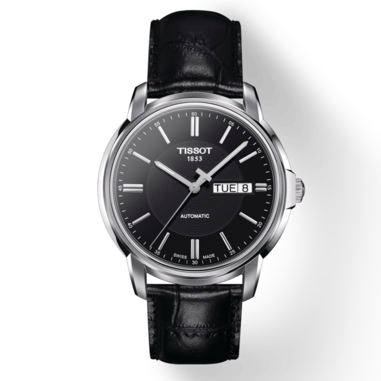 Tissot Automatics III Day Date Black Dial Black Leather Strap Watch For Men - T065.430.16.051.00