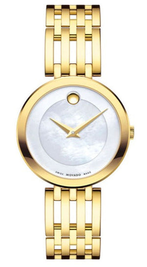 Movado Esperanza 28mm Mother of Pearl Dial Gold Steel Strap Watch For Women - 0607054