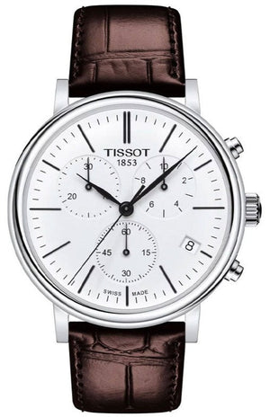 Tissot Carson Premium Chronograph White Dial Brown Leather Strap Watch For Men - T122.417.16.011.00