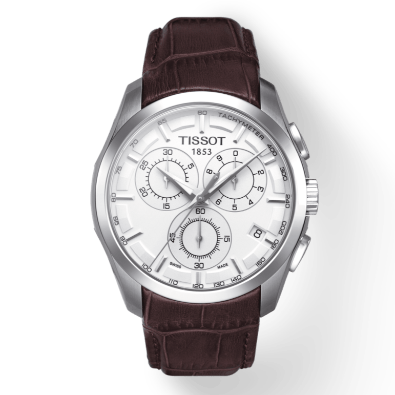 Tissot Couturier Chronograph White Dial Brown Leather Strap Watch For Men - T035.617.16.031.00