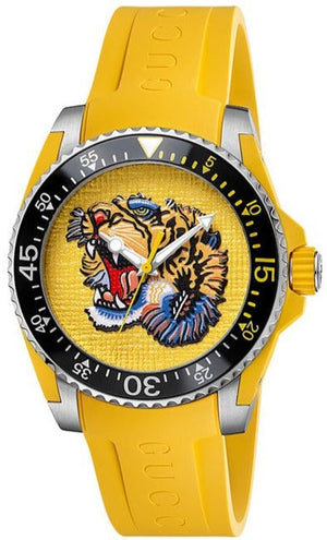 Gucci Dive Tiger Yellow Dial Yellow Rubber Strap Watch For Men - YA136317