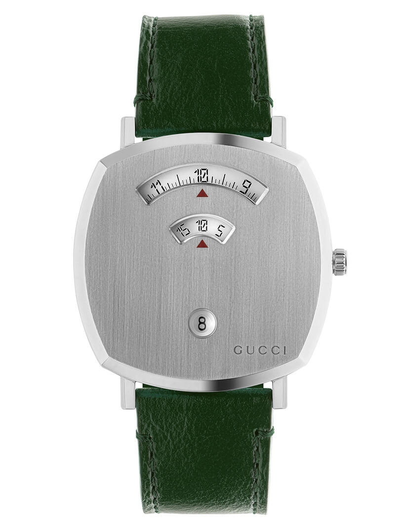 Gucci Grip Silver Dial Green Leather Strap Unisex Watch - YA157412