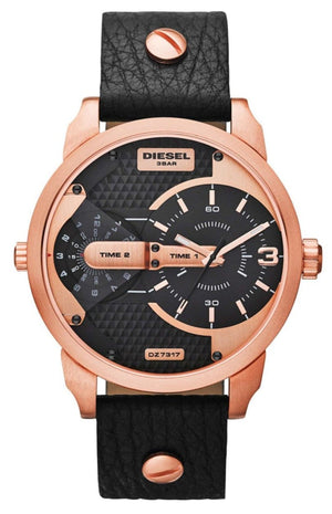 Diesel Mini Daddy Dual Time Black & Gold Dial Black Leather Strap Watch For Men - DZ7317