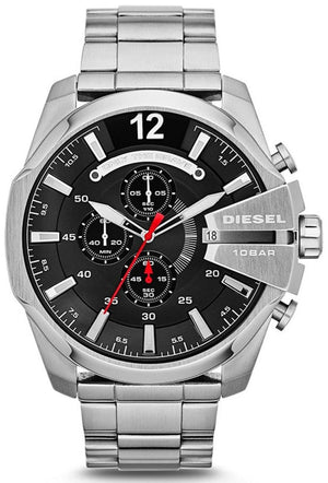 Diesel Mega Chief Chronograph Black Dial Silver Steel Strap Watch For Men - DZ4308