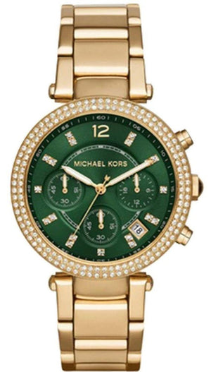 Michael Kors Parker Chronograph Green Dial Gold Steel Strap Watch for Women - MK6263