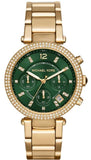 Michael Kors Parker Chronograph Green Dial Gold Steel Strap Watch for Women - MK6263