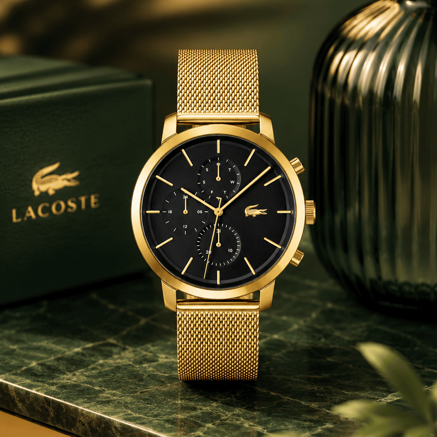 Lacoste Replay Chronograph Black Dial Gold Steel Strap Watch for Men - 2011195