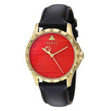 Gucci G Timeless Coral Red Dial Black Leather Strap Watch For Men - YA126464