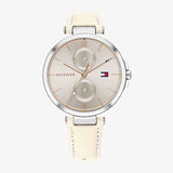 Tommy Hilfiger Angela Silver Dial Cream Leather Strap Watch for Women - 1782123