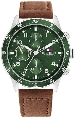 Tommy Hilfiger Jimmy Chronograph Green Dial Brown Leather Strap Watch For Men - 1791948