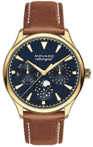 Movado Heritage Celestograf Navy Blue Dial Brown Leather Strap Watch For Women - 3650010