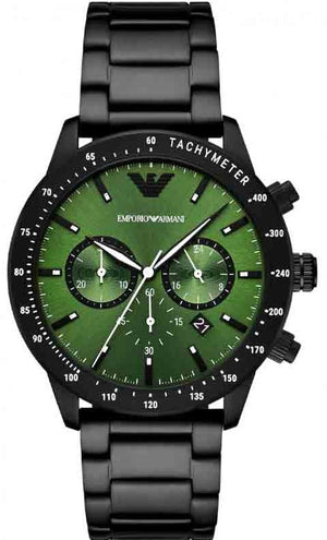 Emporio Armani Mario Chronograph Green Dial Black Steel Strap Watch For Men - AR11472