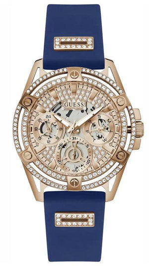 Guess Queen Quartz Crystals Rose Gold Dial Blue Silicone Strap Watch For Women - GW0536L5