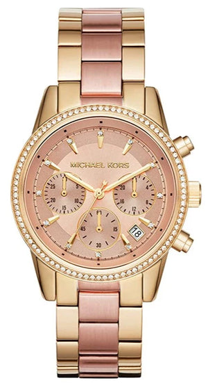 Michael Kors Ritz Chronograph Rose Dial Two Tone Steel Strap Watch for Women - MK6475