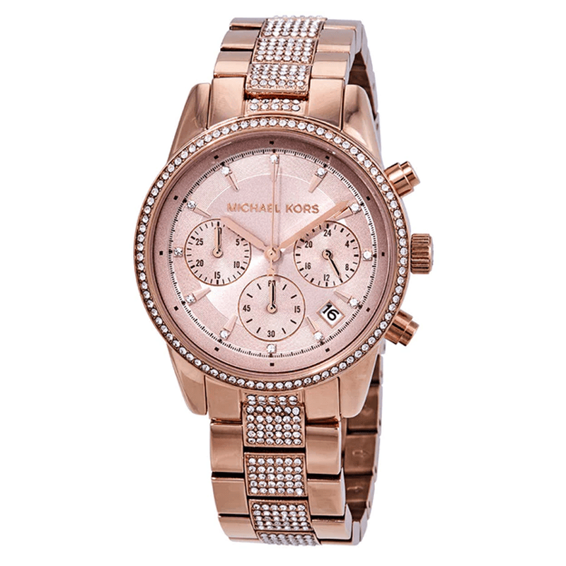 Michael Kors Ritz Chronograph Rose Gold Dial Rose Gold Steel Strap Watch For Women - MK6485