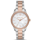 Michael Kors Layton Three Hand Mother of Pearl White Dial Two Tone Steel Strap Watch For Women - MK6849