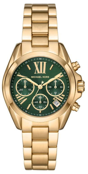 Michael Kors Bradshaw Chronograph Green Dial Gold Steel Strap Watch For Women - MK7257