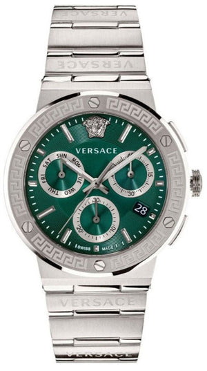 Versace Grace Chronograph Quartz Green Dial Silver Steel Strap Watch For Men - VEZ900121