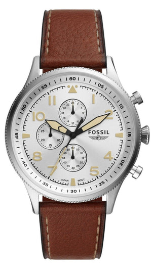 Fossil Retro Pilot Chronograph Silver Dial Brown Leather Strap Watch for Men - FS5809