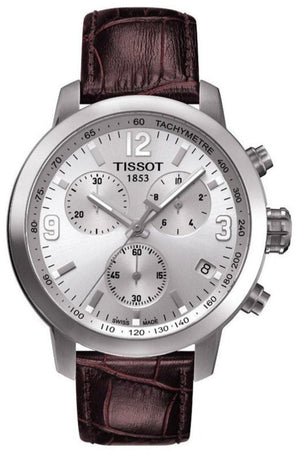 Tissot PRC 200 Chronograph Silver Dial Brown Leather Strap Watch For Men - T055.417.16.037.00