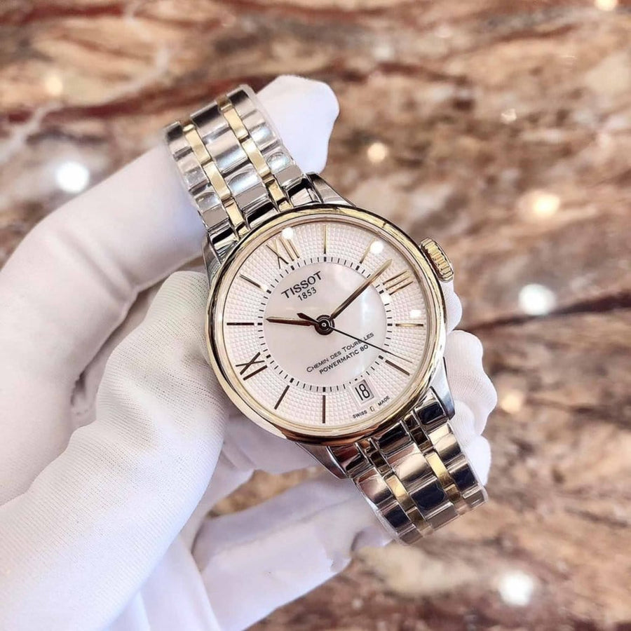 Tissot Chemin Des Tourelles Powermatic 80 Lady Mother of Pearl White Dial Two Tone Steel Strap Watch For Women - T099.207.22.118.00