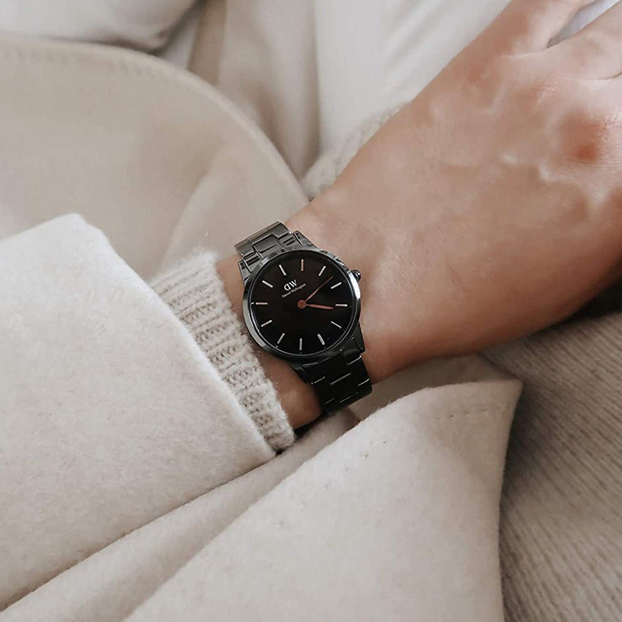 Daniel Wellington Iconic Link Ceramic Black Dial Black Steel Strap Watch For Women - DW00100414