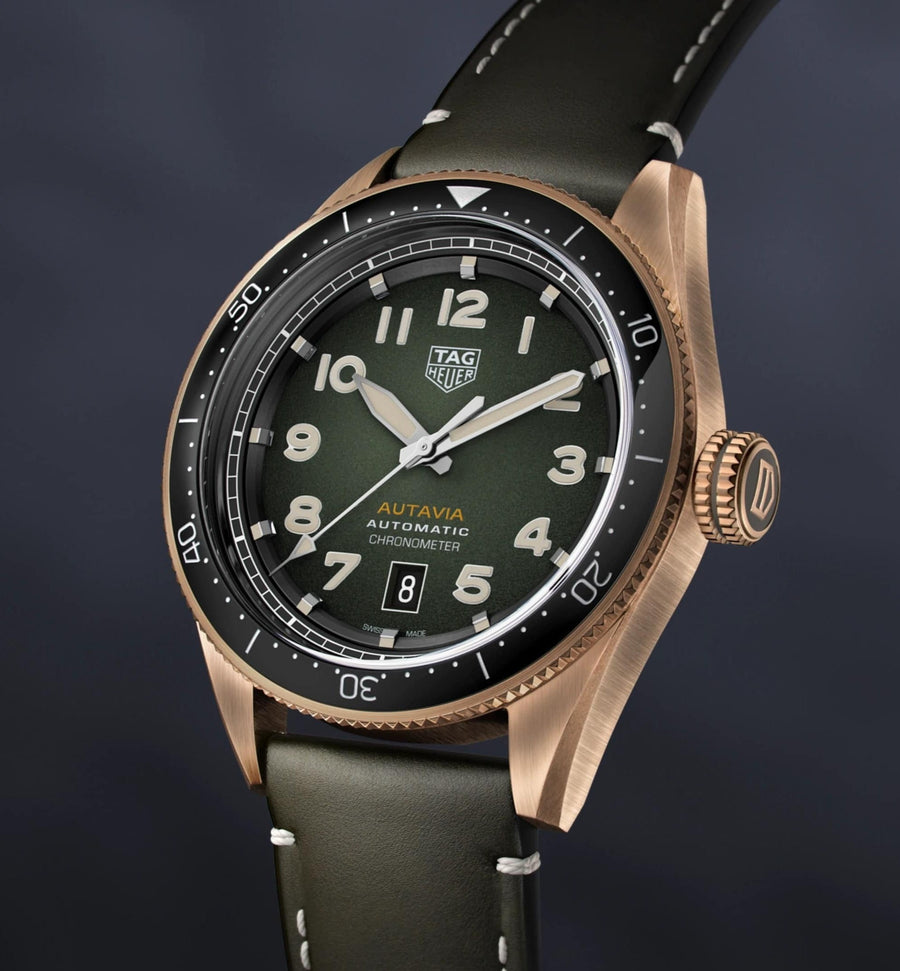 Tag Heuer Autavia Calibre 5 Automatic Olive Green Dial Green Leather Strap Watch for Men - WBE5190.FC8268