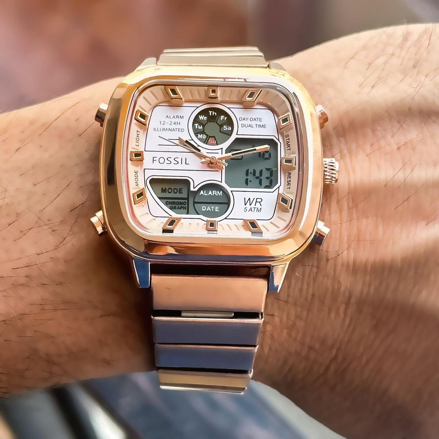 Fossil Retro Analog-Digital Gold Dial Gold Steel Strap Watch for Men - FS5889
