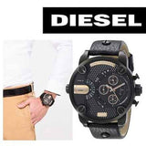 Diesel Little Daddy Chronograph Black Dial Black Leather Strap Watch For Men - DZ7291