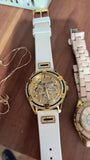 Guess Queen Quartz Gold Dial White Silicone Strap Watch For Women - GW0536L2