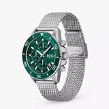 Hugo Boss Admiral Green Dial Silver Mesh Bracelet Watch for Men - 1513905