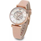 Emporio Armani Meccanico Silver Skeleton Dial Beige Leather Strap Watch For Women - AR60001