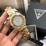 Guess Analog Diamonds Silver Dial Gold Steel Strap Watch For Women - W1013l2