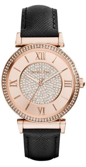 Michael Kors Catlin Rose Gold Crystal Dial Black Leather Strap Watch for Women - MK2376