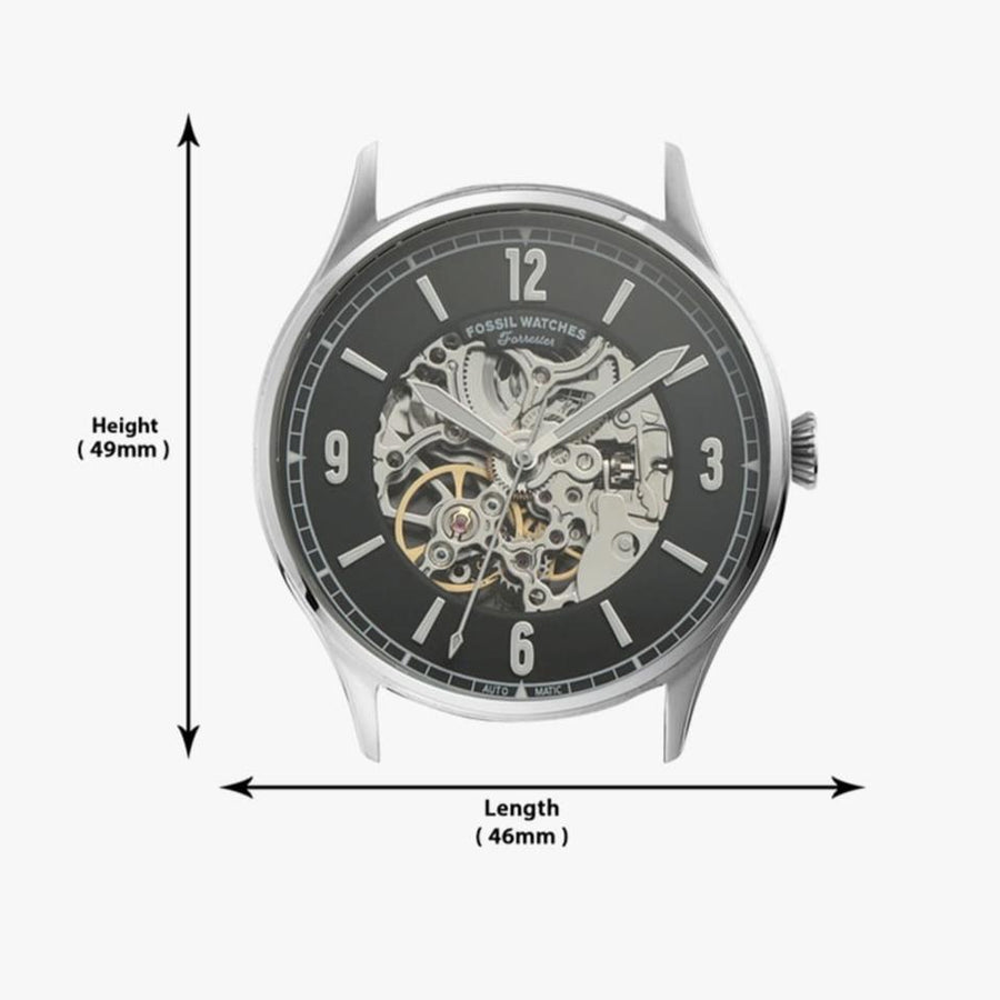Fossil Forrester Automatic Skeleton Black Dial Silver Steel Strap Watch for Men - ME3180