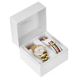 Guess Exclusive Multi Color White Dial Gold Steel Strap Watch for Women - GW0457L1