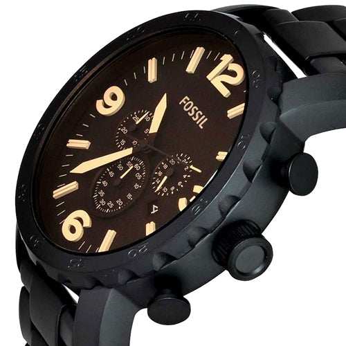 Fossil Nate Chrongraph Ion Plated Black Dial Black Steel Strap Watch for Men - JR1356