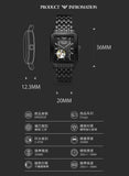 Black wristwatch with product details.