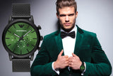 Emporio Armani Luigi Chronograph Green Dial Black Mesh Bracelet Watch For Men - AR11470