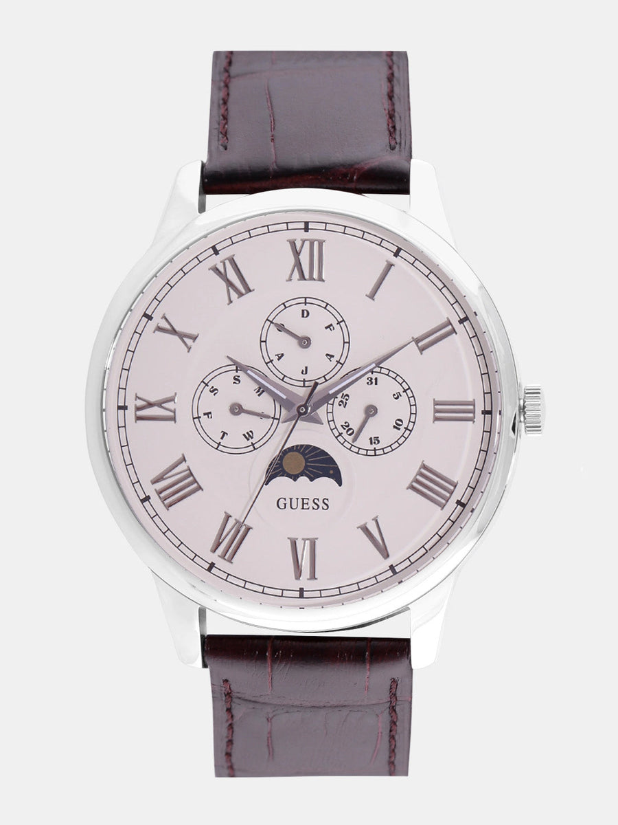 Guess Delancy Quartz White Dial Brown Leather Strap Watch For Men - W0870G1
