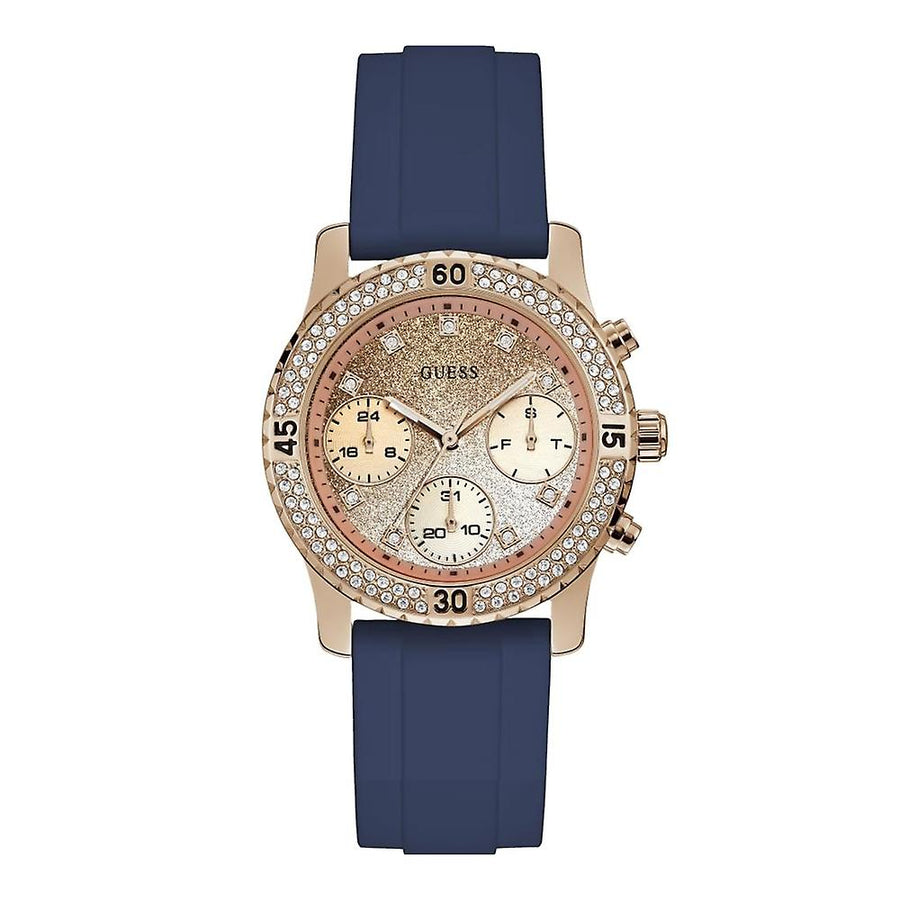 Guess Confetti Diamonds Gold Dial Blue Rubber Strap Watch For Women - W1098L6