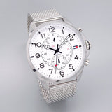 Tommy Hilfiger Dean Chronograph White Dial Silver Mesh Bracelet Watch for Men - 1791277