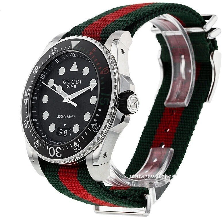 Gucci Dive Black Dial Red & Green Nylon Strap Watch For Men - YA136209