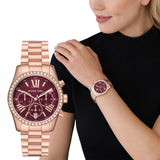 Michael Kors Lexington Chronograph Red Dial Rose Gold Steel Strap Watch For Women - MK7275