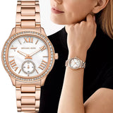 Michael Kors Sage Three-Hand Mother of Pearl White Dial Rose Gold Steel Strap Watch for Women - MK4806