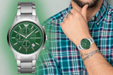 Emporio Armani Renato Chronograph Green Dial Silver Steel Strap Watch For Men - AR11507